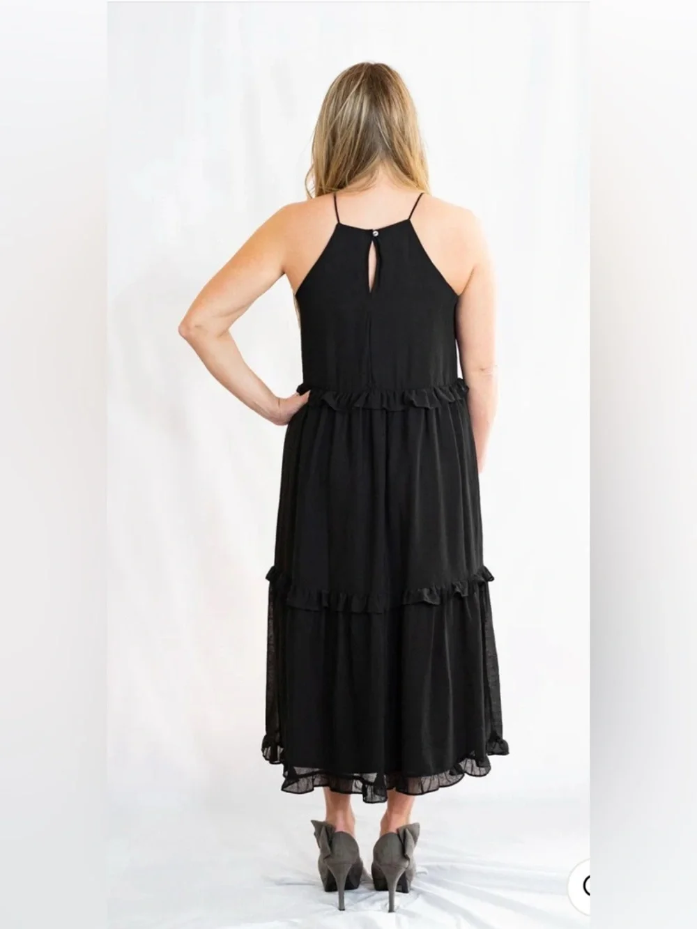 SHE + SKY Black Tiered Ruffle Midi Dress S Boho Minimalist Chic NWT Capsule